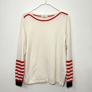 BODEN Boatneck Boxy Sweater - Cream With Red/Black Stripe Sleeve Accent 10